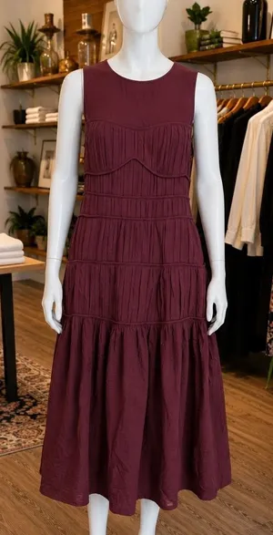 H&M Womens Dress Burgundy Tiered Pleated Sleeveless Midi Small thumbnail 1