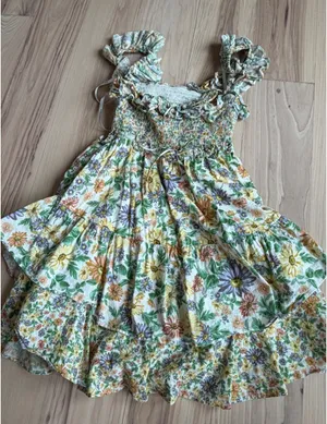 For Love And Lemons Floral Ruffle Mini Dress in White, Green, Yellow thumbnail 5