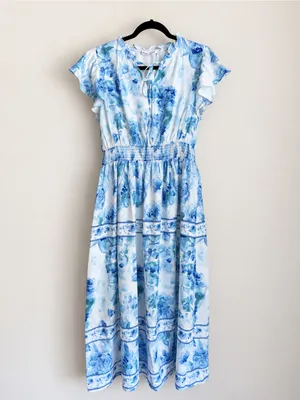 Grace Karin Blue Floral Smocked Maxi Dress Size M NWT thumbnail 2