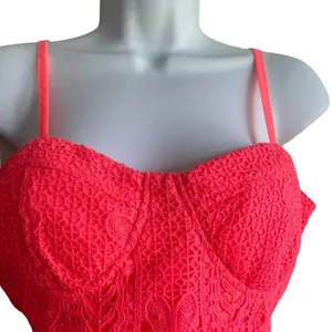 Y2K Women Coquette Festival Lace Crop Top‎ Corset L Neon Orange Smocked Bustier thumbnail 4