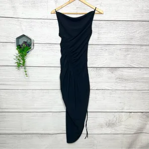 Abercrombie & Fitch Black Asymmetrical Bodycon Ruched Midi Dress Size XXS thumbnail 5