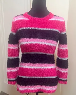 Falls Creek Pink, Black & Metallic Striped Fuzzy Sweater - Junior Size L - NWOT thumbnail 2