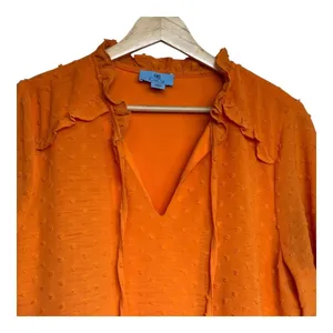 CeCe Womens Ruffle Neck Tie 3/4 Sleeve Clip Dot‎ Blouse Orange Size L thumbnail 3