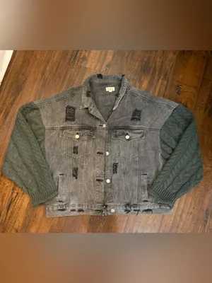 POL Washed Charcoal Black Distressed Denim Jacket with Dark Knit Sleeves Large thumbnail 4