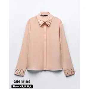 Zara Button Down Blouse Women XS Pink Rhinestone Studded Collar Cuff 3564/194‎ thumbnail 6