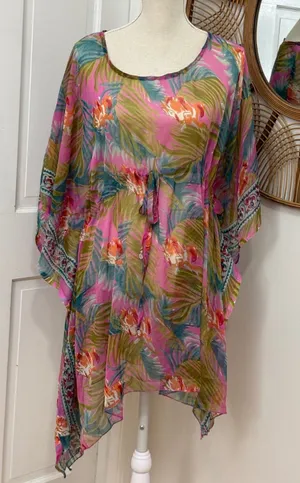 Sunflower Kaftan Swim Cover Up Womens Free Size Pink Tropical Sheer Chiffon Boho thumbnail 1
