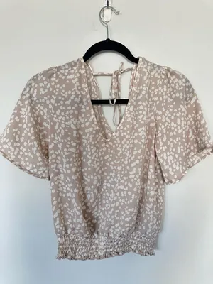 Nine Britton Women's Beige and White Polka Dot Short Puff Sleeve Smocked Waist B thumbnail 4
