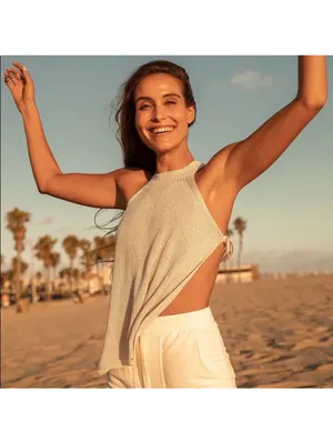 Lulus Sunny Style White Loose Knit Mock Neck Side Tie Tank Top Camel Size S thumbnail 4
