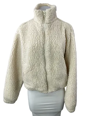 H&M Divided Womens Cream Sherpa Fleece High Neck Long Sleeve Coat Jacket Size S thumbnail 1