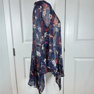 Coachella Festival Sheer Floral Kimono Boho Bell Sleeve Navy M Tassel Resort thumbnail 6