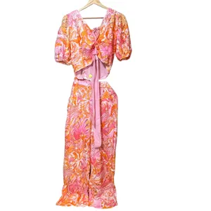 Pink Orange Tropical Floral Lace Two Piece Set Crop Top Wide Leg Pants XS thumbnail 4