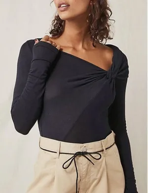 Free People Top brianne twist asymmetrical long sleeve womens Black medium party thumbnail 1