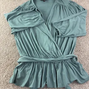 Lauren Ralph Lauren Black Label Wrap Top Womens L Teal Peplum Jersey V Neck Soft thumbnail 13