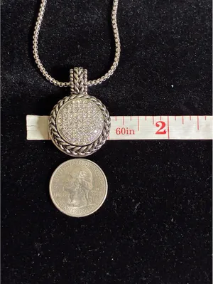 Silver-Tone Pavé Rhinestone Disc Pendant Necklace with Braided Chain thumbnail 4