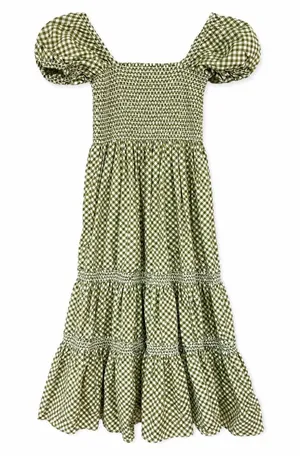 o.p.t Green Gingham Smocked Puff Sleeve Tiered Maxi Dress Cottagecore Size S thumbnail 1