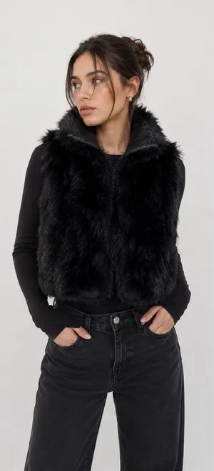 Genuine New Zealand Possum‎ Fur Cropped Vest Boxy High Collar Black Womens OS thumbnail 1