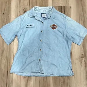 Harley Davidson Vintage Embroidered Naples Button Down Denim Shirt Women’s Large thumbnail 1