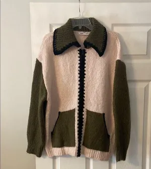 Zara Pink and Olive Knit Sweater size XL length 26” bust 48” zipper front thumbnail 1