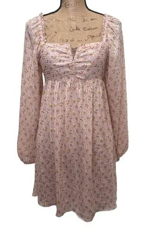 Storia Mini Dress Floral Long Sleeve Square Neck‎ Open Back Tie Pink Size Small thumbnail 1