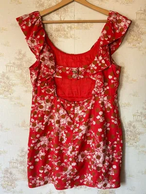 Free People Red Floral Cutout Ruffle Backless Mini Dress Festival Coquette L thumbnail 7