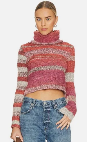 Free People My Girl Sweater Womens Small Pink Stripe Cropped Turtleneck Chunky thumbnail 1