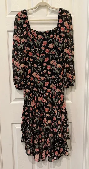 Lush XS Black Floral High Low Ruffle Dress Square Neck Puff Sleeve thumbnail 1