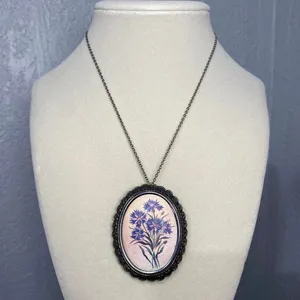 BLUE CORNFLOWERS BROOCH PIN NECKLACE CHAIN thumbnail 1
