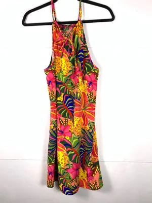 SHEIN Dress Women L Tropical Floral Jungle Print Halter Tie Neck Midi thumbnail 3