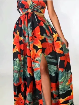 Women's Floral Print Chain Decor Split Thigh Tie Back Cami Dress thumbnail 2