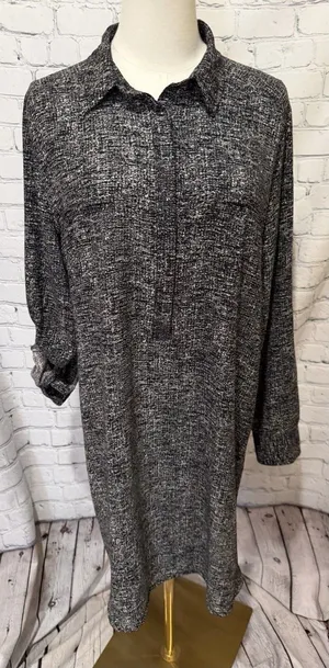 Lou & Grey Ann Taylor Loft Mottled Black White Mod Shift Henley Dress Large thumbnail 1