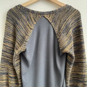 Free People Grey Yellow Stripe Sweet Confession Henley Waffle Knit Pullover thumbnail 11