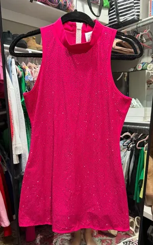 QUEEN OF SPARKLES Fuchsia Sequin High-Neck Active Dress with Built In Shorts thumbnail 1