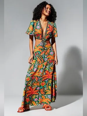 Farm Rio Tropical Cutout Maxi Dress in Green with Pink Orange Floral Print S XL thumbnail 3