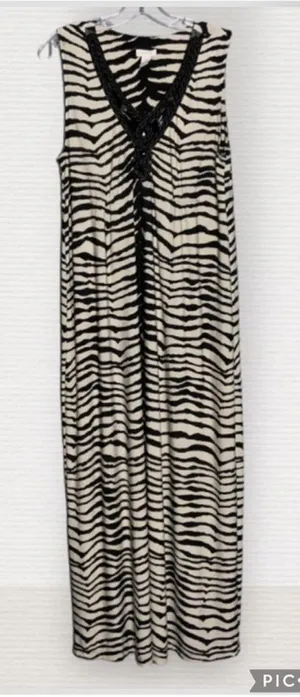 Chico’s Brown & Cream Zebra Sleeveless V Neck Bejeweled Maxi Stretchy Dress L thumbnail 1
