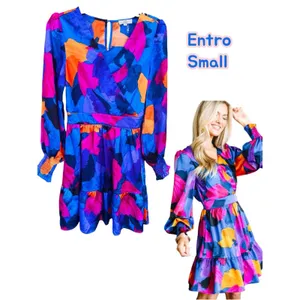 Entro Small Abstract Satin Mini Dress Women Bubble Hem and Sleeve Dance Party thumbnail 2