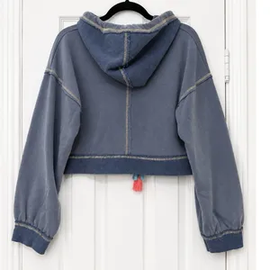 POL Cropped Oversized Hoodie Blue Mineral Wash Tassel Drawstring Sweatshirt S thumbnail 3