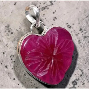 Carved Ruby Heart Clover Pendant 925 Silver Overlay Red thumbnail 5