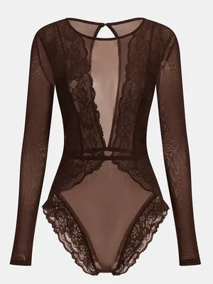 Commense Long Sleeve Sheer Lace Mesh Bodysuit Brown NWT Sold Out Size Small thumbnail 1