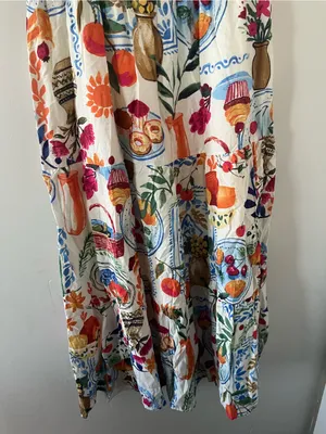 White Red Fruit Novelty Print Smocked Tiered Midi Dress Large Mediterranean thumbnail 3