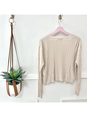 H&M Rib Knit Tan Cardigan Size M Long Sleeve Relaxed thumbnail 7
