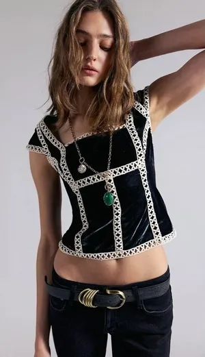 NWT!! FREE PEOPLE Tyler Velvet Corset Top Black Cream Embroidered Bohemian Small thumbnail 1