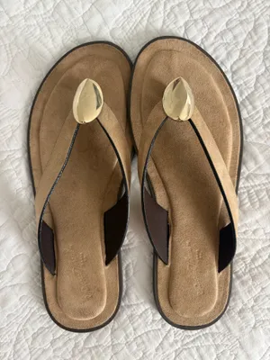 Universal thread taupe sandals with gold thumbnail 1