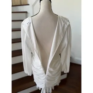 Showpo White Mini Long Blouson Sleeve Plunge V-Neck Ruched Dress thumbnail 4