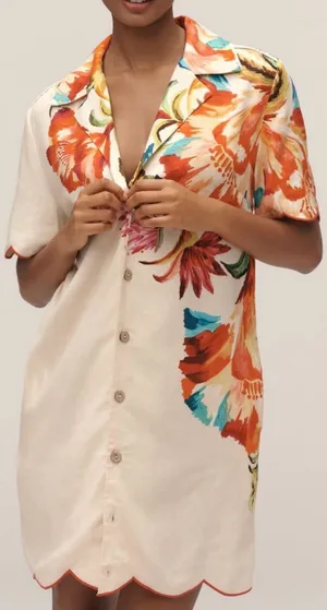 Farm Rio Floral Print Scalloped Mini Shirt Dress, Size M thumbnail 1
