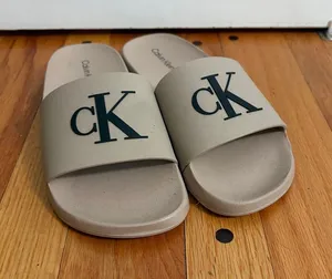 Calvin Klein Taupe Slide Sandals with Black CK Logo thumbnail 1