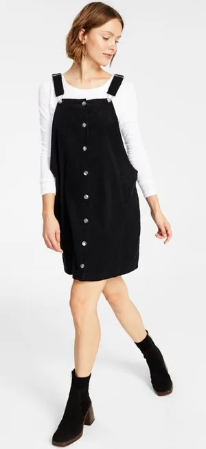 NWT Celebrity Pink Junior’s Cotton Button-Front Black Corduroy Pinafore Dress thumbnail 1