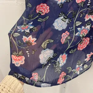LOFT Floral Chiffon Ruffle Tie Neck Smocked Cuff Blouse Large Navy Blue Sheer thumbnail 6