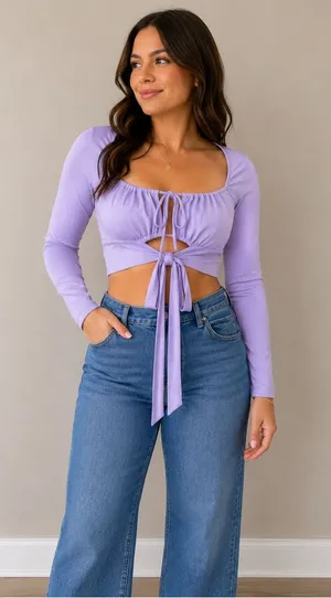Princess Polly Lilac Tie-Front Long Sleeve Crop Top thumbnail 1