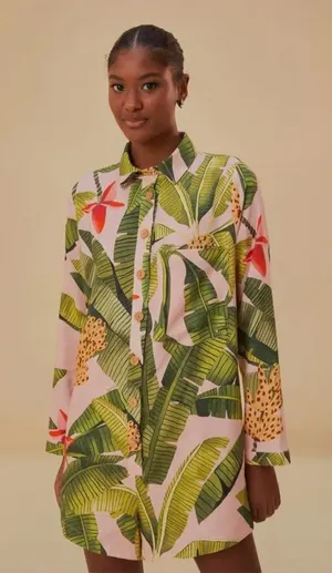 Farm Rio Pink Banana Leaves Linen Jumpsuit Small Long Sleeve Tropical Vacay Chic thumbnail 1