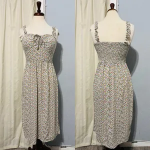 AUW L Green Floral Smocked Tie-Front Ruffle Strap Slit Midi‎ Dress Padded Bra thumbnail 2